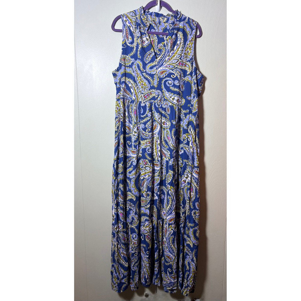 CeCe Blue Paisley Tiered Maxi Dress Sleeveless Ruffle Neck Pockets PTP 23" XL?